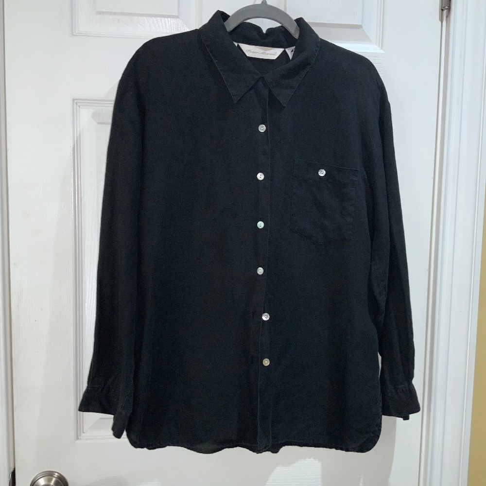Peter Martin black Irish linen button front top Sz 12 long sleeve
